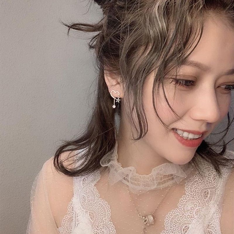 💖台灣現貨🌿 s925純銀耳針 防過敏五角星星愛心鋯石耳針垂墜式耳環耳釘-細節圖3