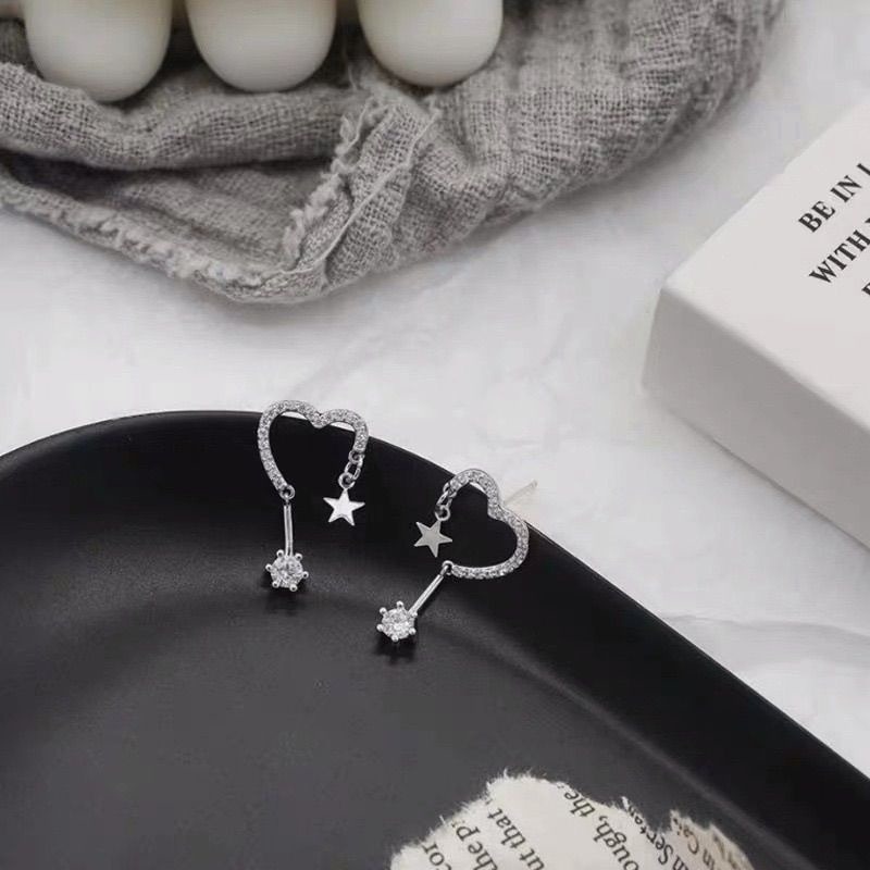 💖台灣現貨🌿 s925純銀耳針 防過敏五角星星愛心鋯石耳針垂墜式耳環耳釘-細節圖4