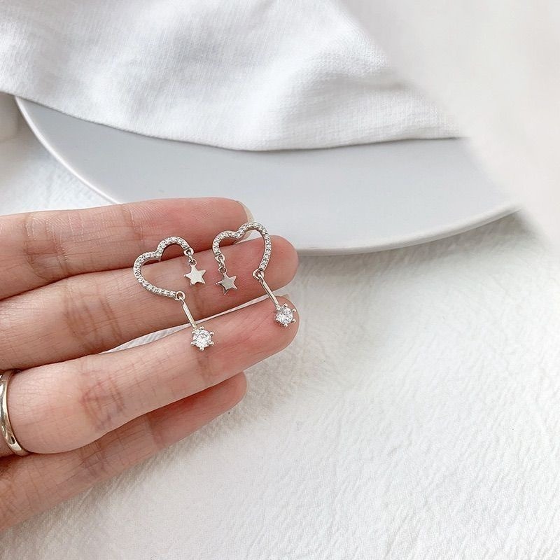 💖台灣現貨🌿 s925純銀耳針 防過敏五角星星愛心鋯石耳針垂墜式耳環耳釘-細節圖5