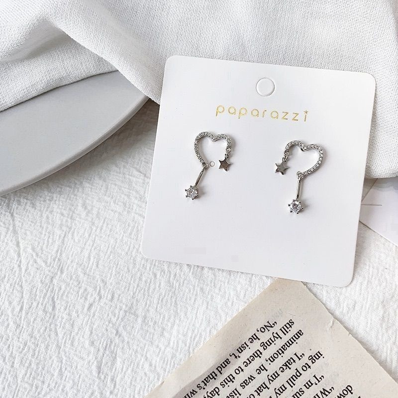 💖台灣現貨🌿 s925純銀耳針 防過敏五角星星愛心鋯石耳針垂墜式耳環耳釘-細節圖6