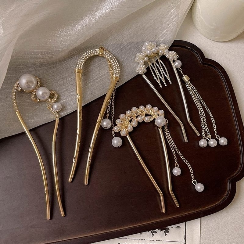 ✨台灣現貨🌿唯美浪漫 花朵珍珠流蘇U型盤髮簪 精緻山茶花插梳髮叉髮釵盤髮丸子頭固定器【L24】-細節圖2