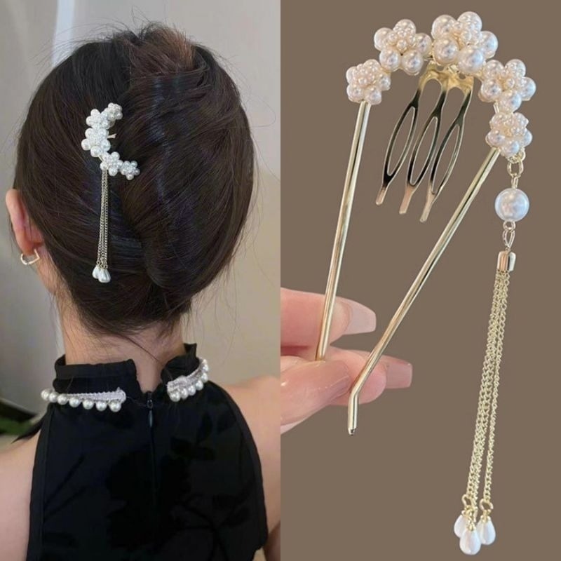 ✨台灣現貨🌿唯美浪漫 花朵珍珠流蘇U型盤髮簪 精緻山茶花插梳髮叉髮釵盤髮丸子頭固定器【L24】-細節圖3