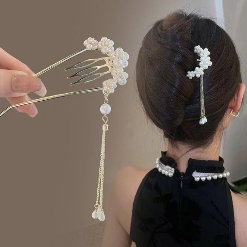 ✨台灣現貨🌿唯美浪漫 花朵珍珠流蘇U型盤髮簪 精緻山茶花插梳髮叉髮釵盤髮丸子頭固定器【L24】-細節圖4