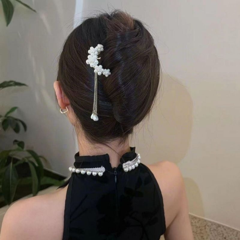 ✨台灣現貨🌿唯美浪漫 花朵珍珠流蘇U型盤髮簪 精緻山茶花插梳髮叉髮釵盤髮丸子頭固定器【L24】-細節圖5