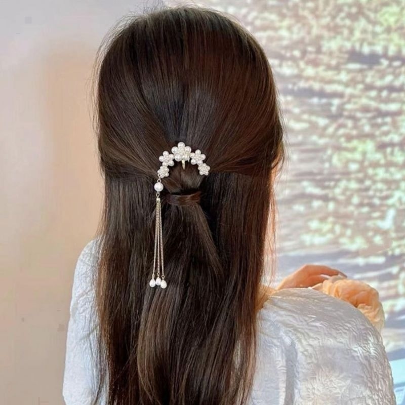 ✨台灣現貨🌿唯美浪漫 花朵珍珠流蘇U型盤髮簪 精緻山茶花插梳髮叉髮釵盤髮丸子頭固定器【L24】-細節圖6