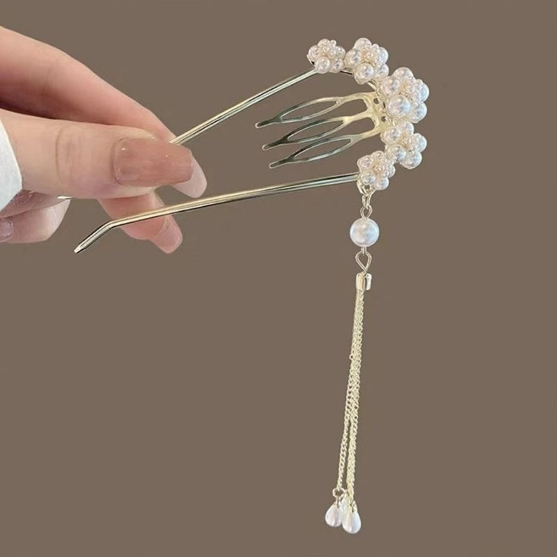 ✨台灣現貨🌿唯美浪漫 花朵珍珠流蘇U型盤髮簪 精緻山茶花插梳髮叉髮釵盤髮丸子頭固定器【L24】-細節圖7
