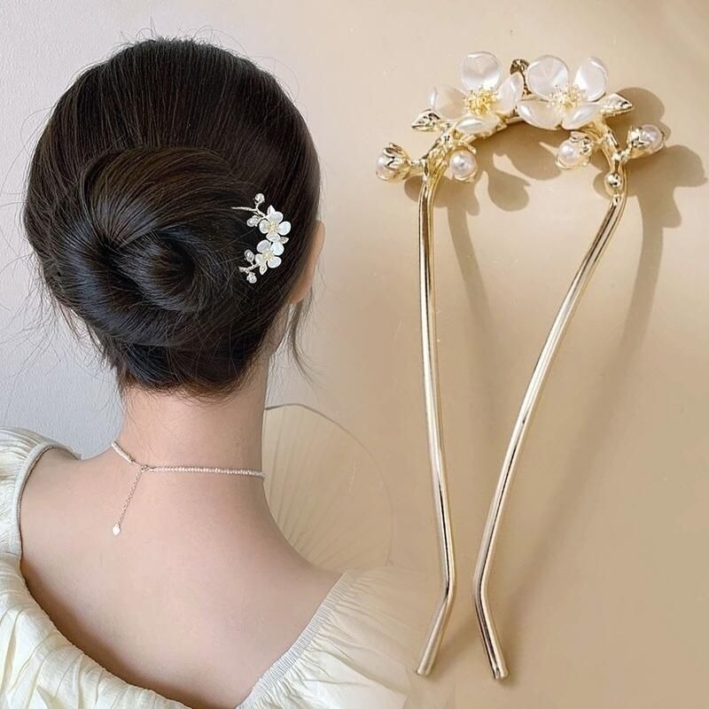 ✨台灣現貨🌿唯美浪漫 花朵珍珠流蘇U型盤髮簪 精緻山茶花插梳髮叉髮釵盤髮丸子頭固定器【L24】-細節圖8