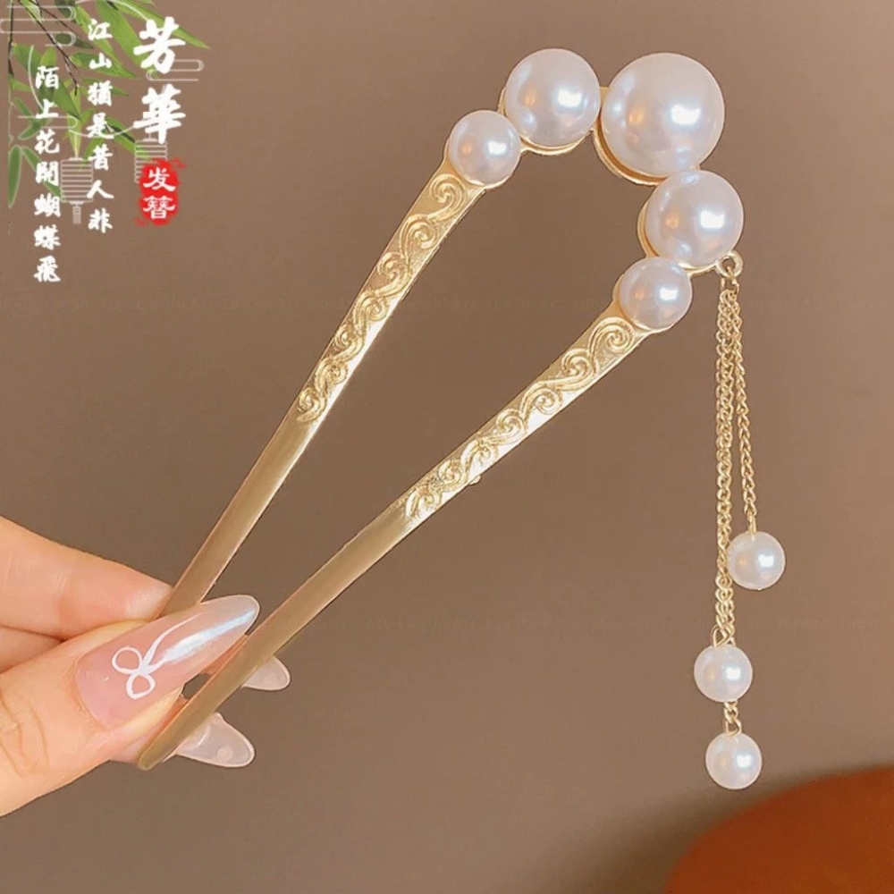 ✨台灣現貨🌿唯美浪漫 花朵珍珠流蘇U型盤髮簪 精緻山茶花插梳髮叉髮釵盤髮丸子頭固定器【L24】-規格圖11