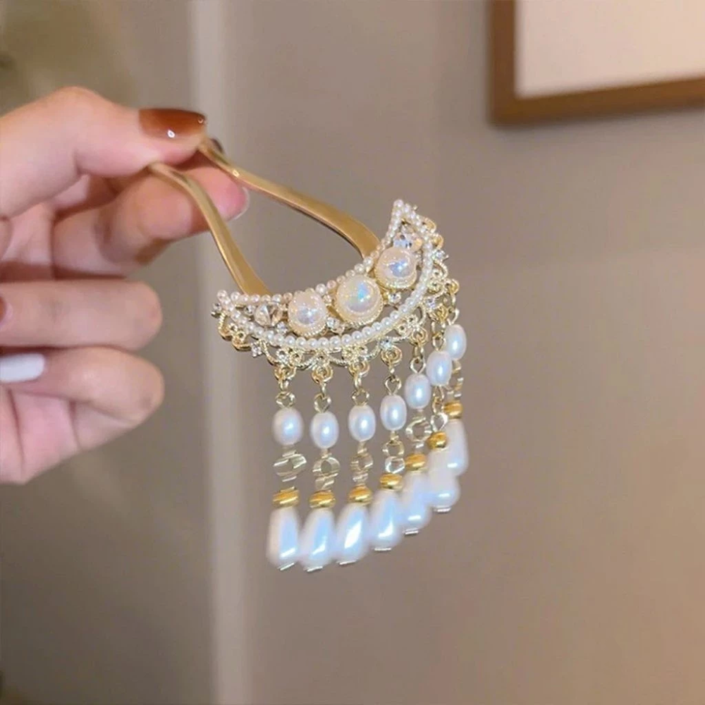 ✨台灣現貨🌿唯美浪漫 花朵珍珠流蘇U型盤髮簪 精緻山茶花插梳髮叉髮釵盤髮丸子頭固定器【L24】-規格圖11