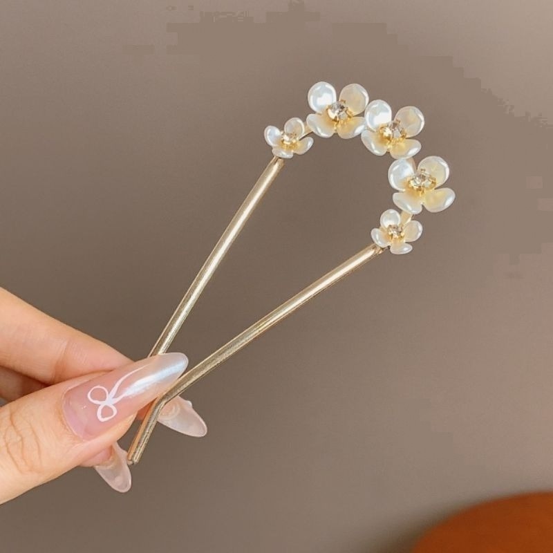 ✨台灣現貨🌿唯美浪漫 花朵珍珠流蘇U型盤髮簪 精緻山茶花插梳髮叉髮釵盤髮丸子頭固定器【L24】-規格圖11