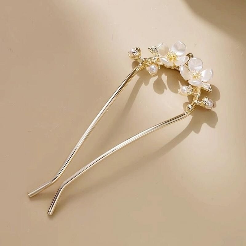 ✨台灣現貨🌿唯美浪漫 花朵珍珠流蘇U型盤髮簪 精緻山茶花插梳髮叉髮釵盤髮丸子頭固定器【L24】-規格圖11