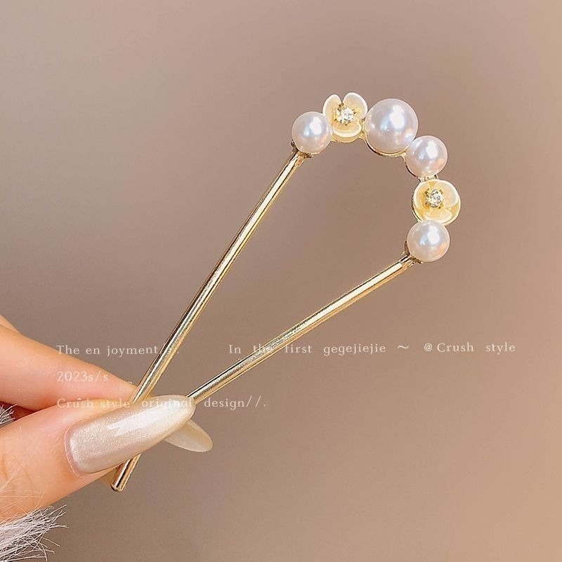 ✨台灣現貨🌿唯美浪漫 花朵珍珠流蘇U型盤髮簪 精緻山茶花插梳髮叉髮釵盤髮丸子頭固定器【L24】-規格圖11