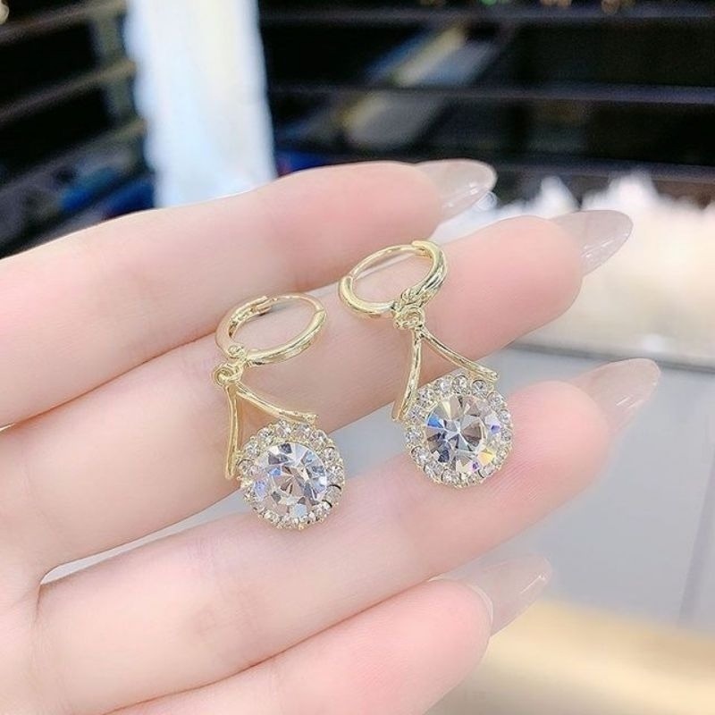 💖台灣現貨🌿閃鑽耳環 精緻溫柔名媛閃鋯易扣耳環 高級感輕奢圓形水鑽耳墜優雅風氣質耳環【G255】-細節圖3