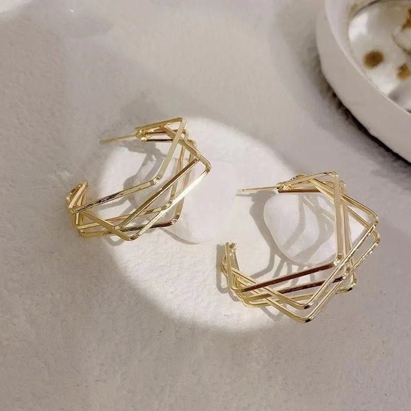 💖台灣現貨🌿925銀針 六芒星的咒符耳環 歐美大氣幾何不規則多層C型立體設計感耳環【G263】-細節圖3