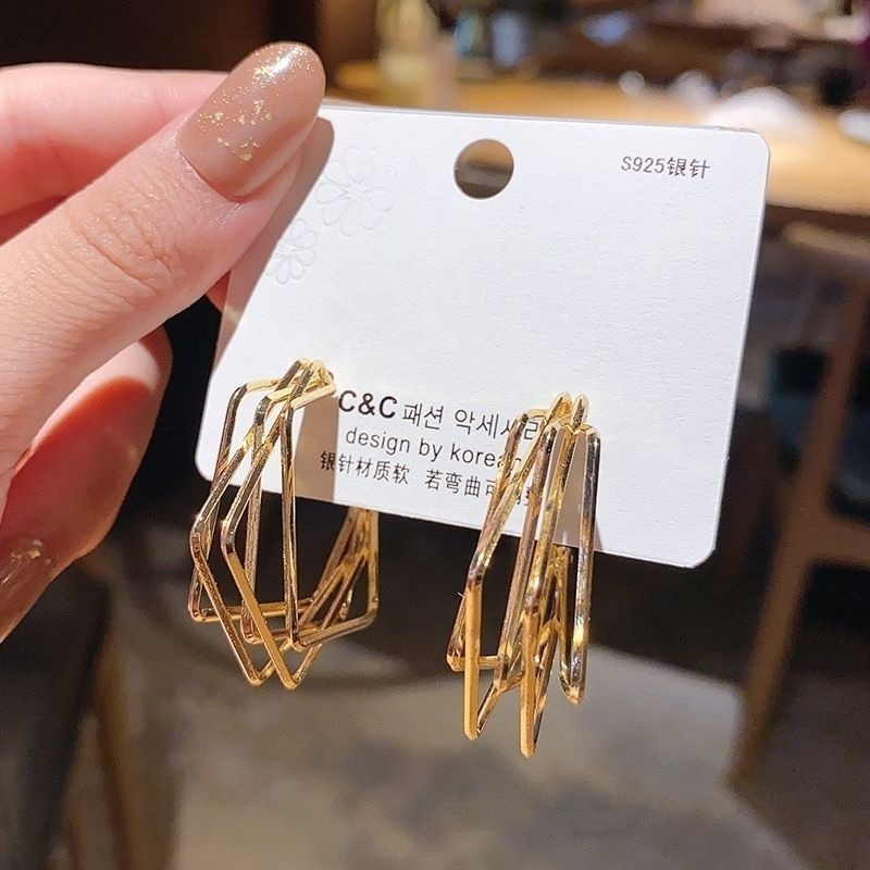 💖台灣現貨🌿925銀針 六芒星的咒符耳環 歐美大氣幾何不規則多層C型立體設計感耳環【G263】-細節圖5