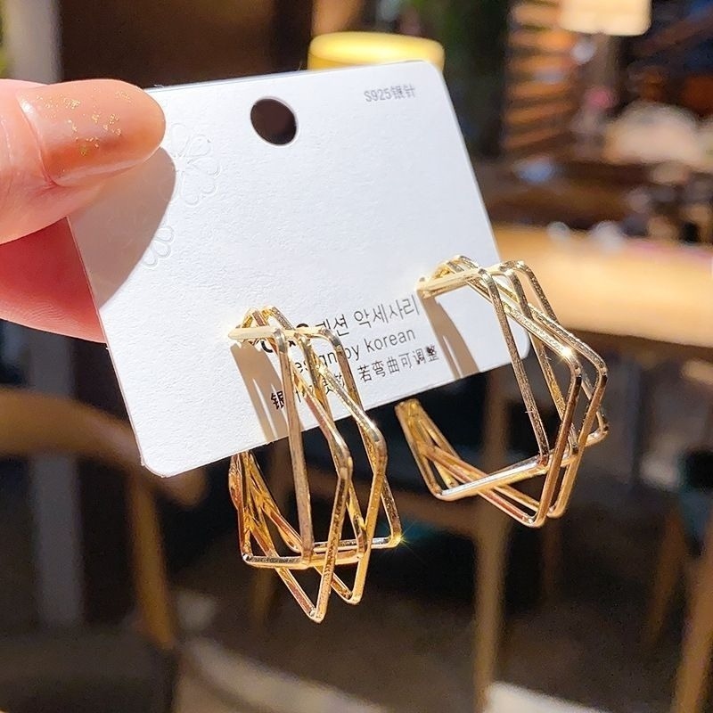 💖台灣現貨🌿925銀針 六芒星的咒符耳環 歐美大氣幾何不規則多層C型立體設計感耳環【G263】-細節圖7