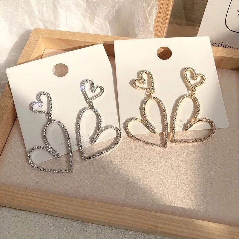 💖台灣現貨🌿韓國甜美雙愛心閃鑽鏤空925銀針耳環 韓國氣質個性小眾設計時尚簡約閃亮耳飾【G417】-細節圖2