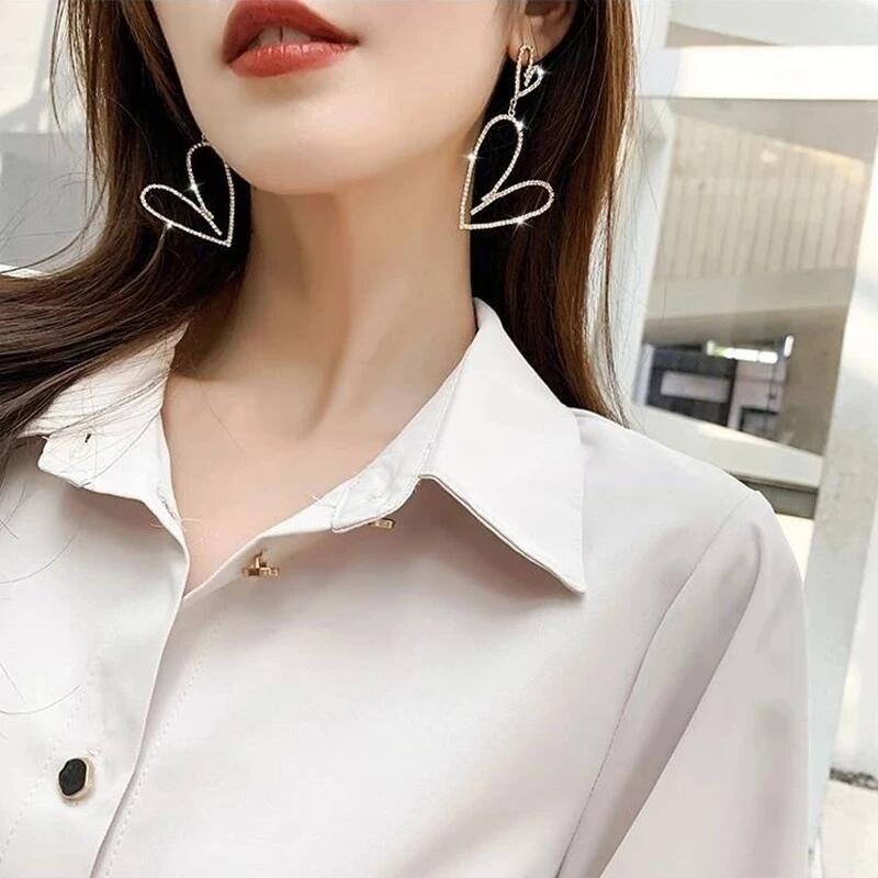 💖台灣現貨🌿韓國甜美雙愛心閃鑽鏤空925銀針耳環 韓國氣質個性小眾設計時尚簡約閃亮耳飾【G417】-細節圖6