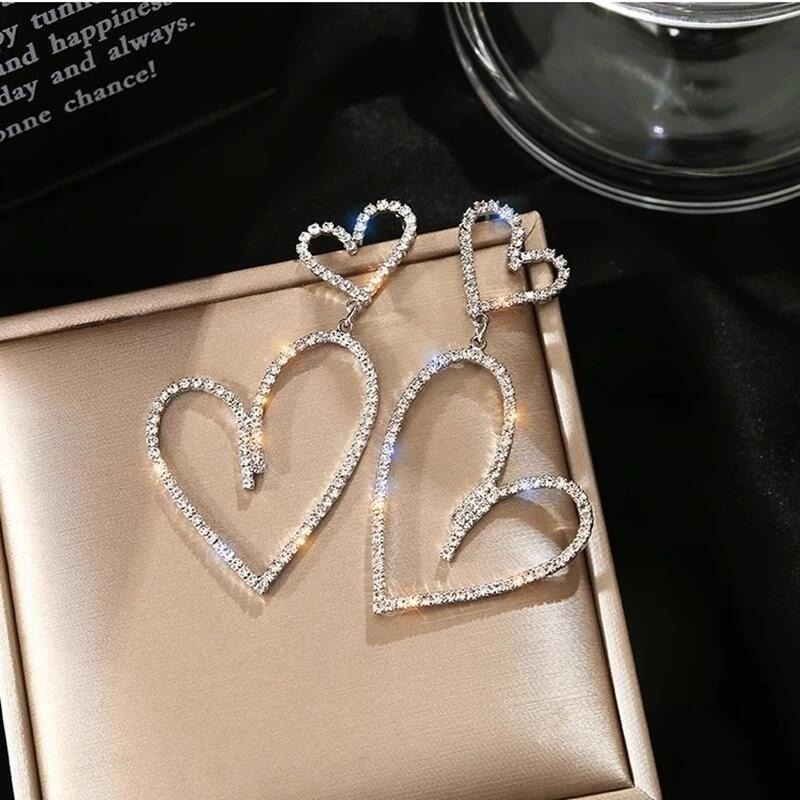 💖台灣現貨🌿韓國甜美雙愛心閃鑽鏤空925銀針耳環 韓國氣質個性小眾設計時尚簡約閃亮耳飾【G417】-細節圖7