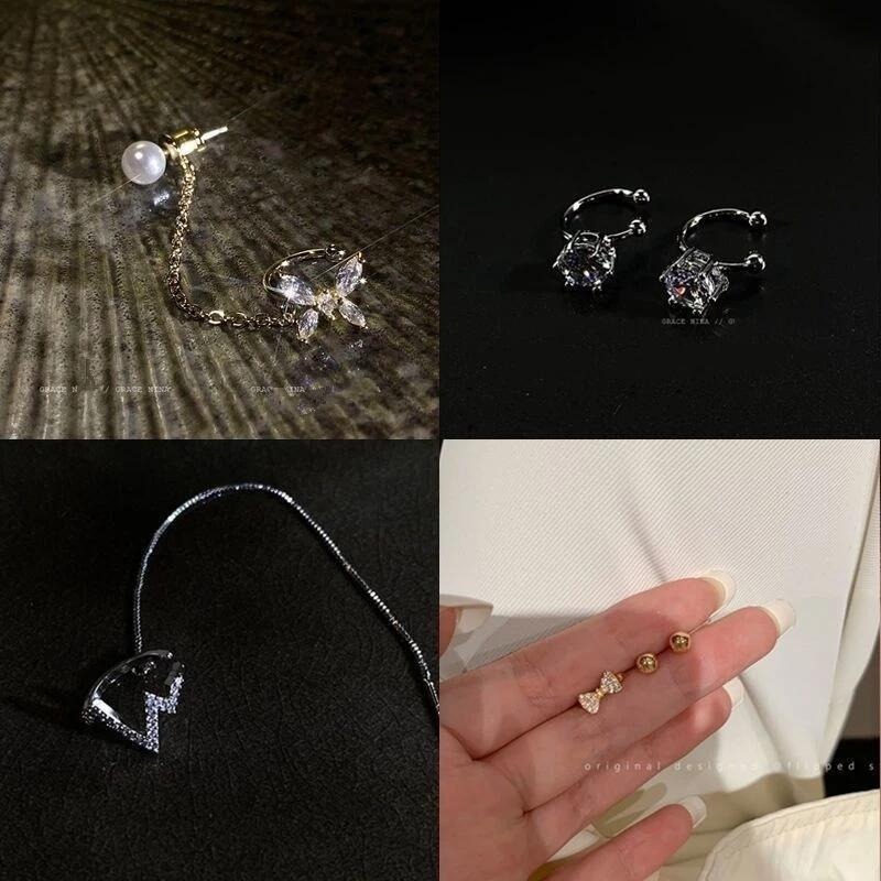 💖台灣現貨🌿韓國氣質網紅八芒星耳線耳骨夾耳環 輕奢閃鑽一體式長款流蘇閃鑽蝴蝶結耳飾【G98】-細節圖4