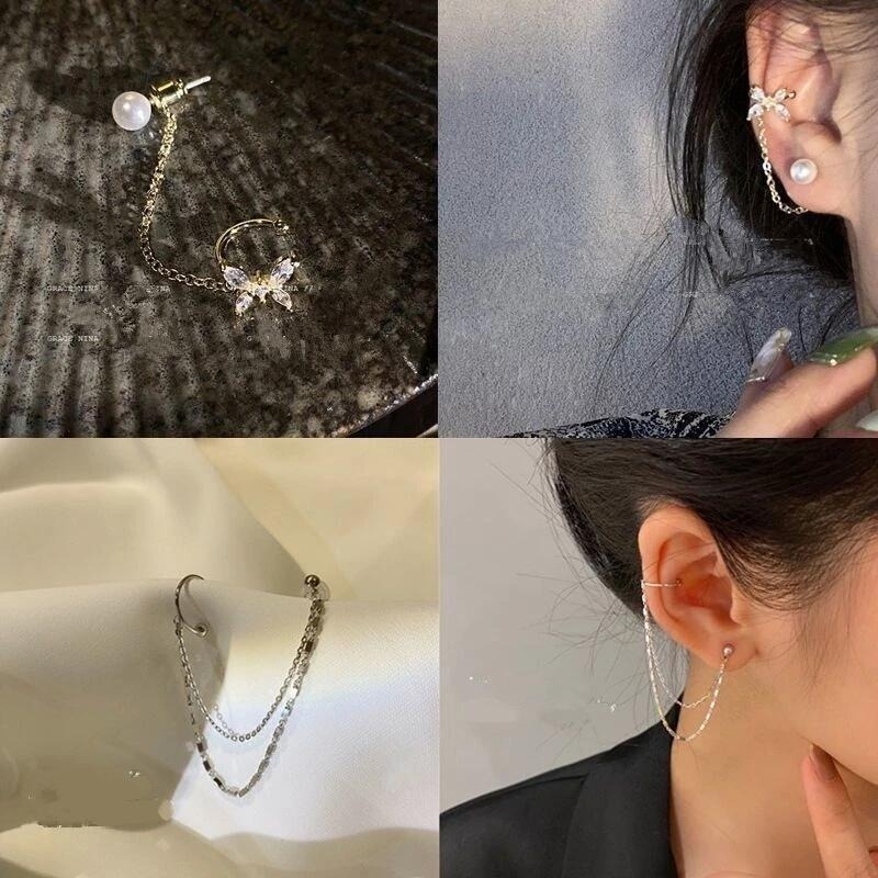 💖台灣現貨🌿韓國氣質網紅八芒星耳線耳骨夾耳環 輕奢閃鑽一體式長款流蘇閃鑽蝴蝶結耳飾【G98】-細節圖7