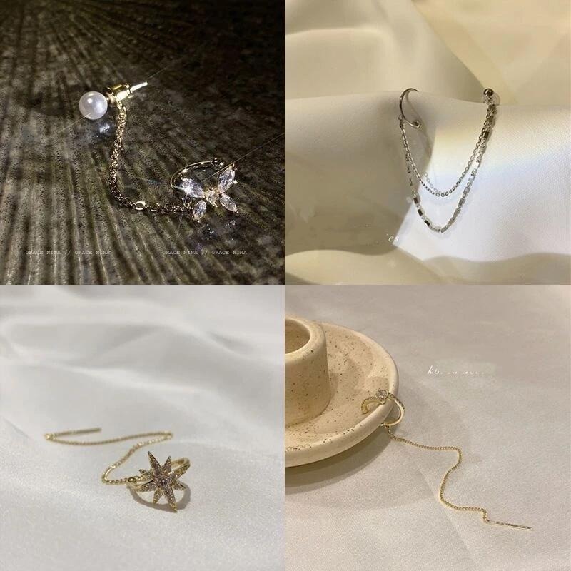 💖台灣現貨🌿韓國氣質網紅八芒星耳線耳骨夾耳環 輕奢閃鑽一體式長款流蘇閃鑽蝴蝶結耳飾【G98】-細節圖9