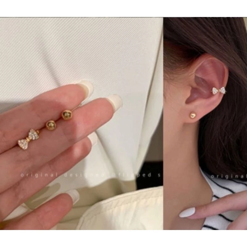 💖台灣現貨🌿韓國氣質網紅八芒星耳線耳骨夾耳環 輕奢閃鑽一體式長款流蘇閃鑽蝴蝶結耳飾【G98】-規格圖11