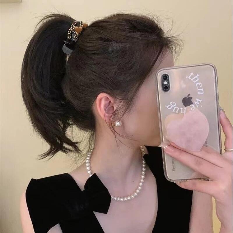 ✨台灣現貨🌿復古小香風 鏈條髮夾 氣質中號高馬尾抓夾 低尾夾 丸子頭盤髮鯊魚夾【M73】-細節圖3