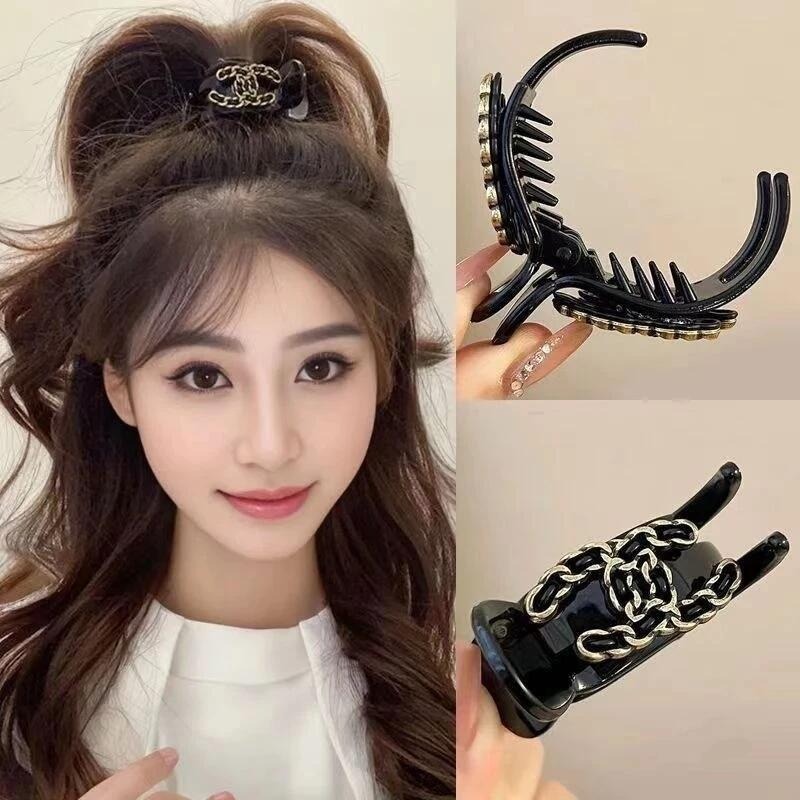 ✨台灣現貨🌿復古小香風 鏈條髮夾 氣質中號高馬尾抓夾 低尾夾 丸子頭盤髮鯊魚夾【M73】-細節圖9