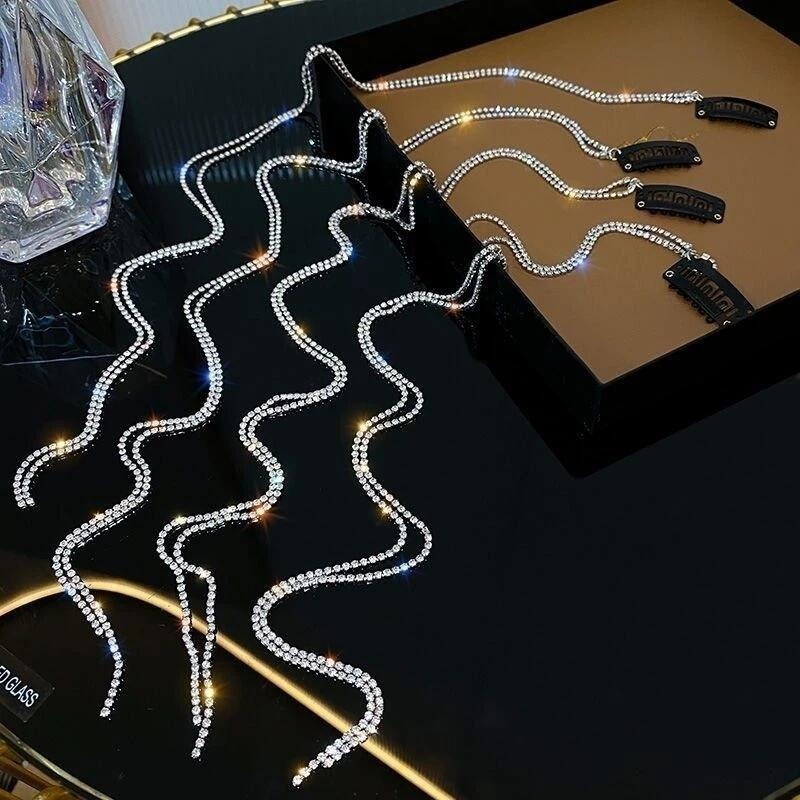 ✨台灣現貨🌿韓國ins裝飾髮飾 閃鑽鏈條流蘇隱形流線髮夾 高級感氣質編髮髒辮髮夾 編織髮圈劉海夾側夾髮飾【N59】-細節圖5