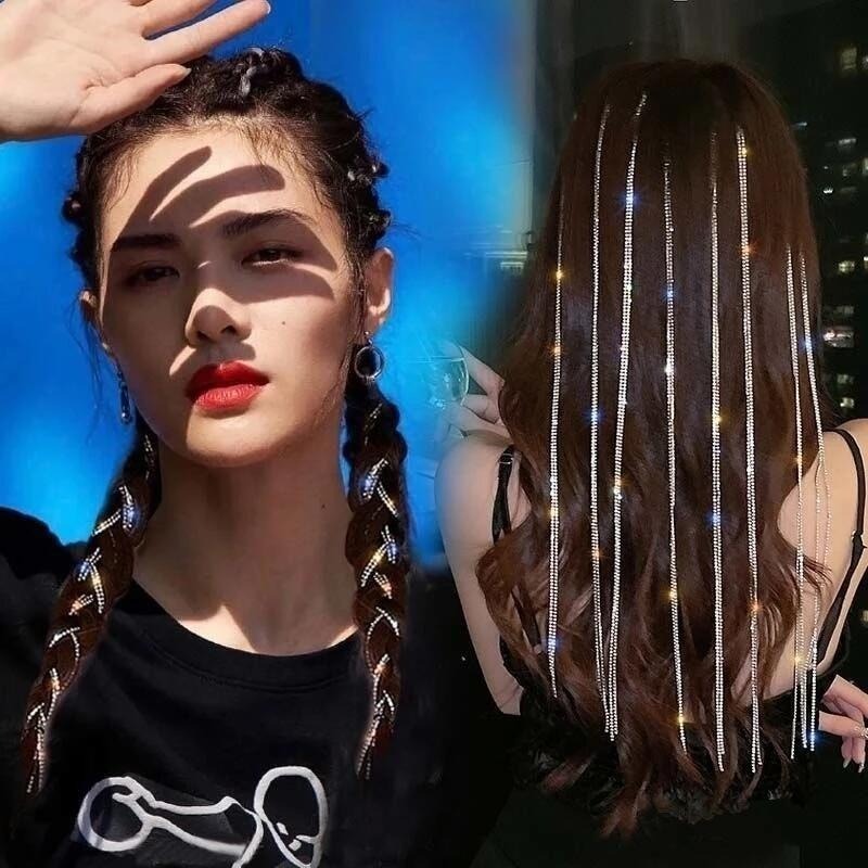 ✨台灣現貨🌿韓國ins裝飾髮飾 閃鑽鏈條流蘇隱形流線髮夾 高級感氣質編髮髒辮髮夾 編織髮圈劉海夾側夾髮飾【N59】-細節圖6