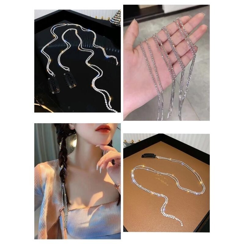 ✨台灣現貨🌿韓國ins裝飾髮飾 閃鑽鏈條流蘇隱形流線髮夾 高級感氣質編髮髒辮髮夾 編織髮圈劉海夾側夾髮飾【N59】-細節圖9