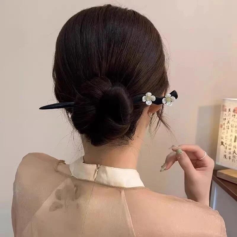 ✨台灣現貨🌿山茶花珍珠髮簪 古風簡日常挽髮簪子 簡約黑檀木花朵簪子 丸子頭盤髮簪子【L26】-細節圖2