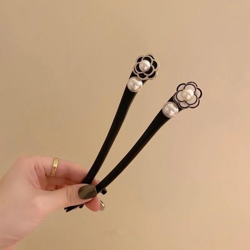 ✨台灣現貨🌿山茶花珍珠髮簪 古風簡日常挽髮簪子 簡約黑檀木花朵簪子 丸子頭盤髮簪子【L26】-細節圖3