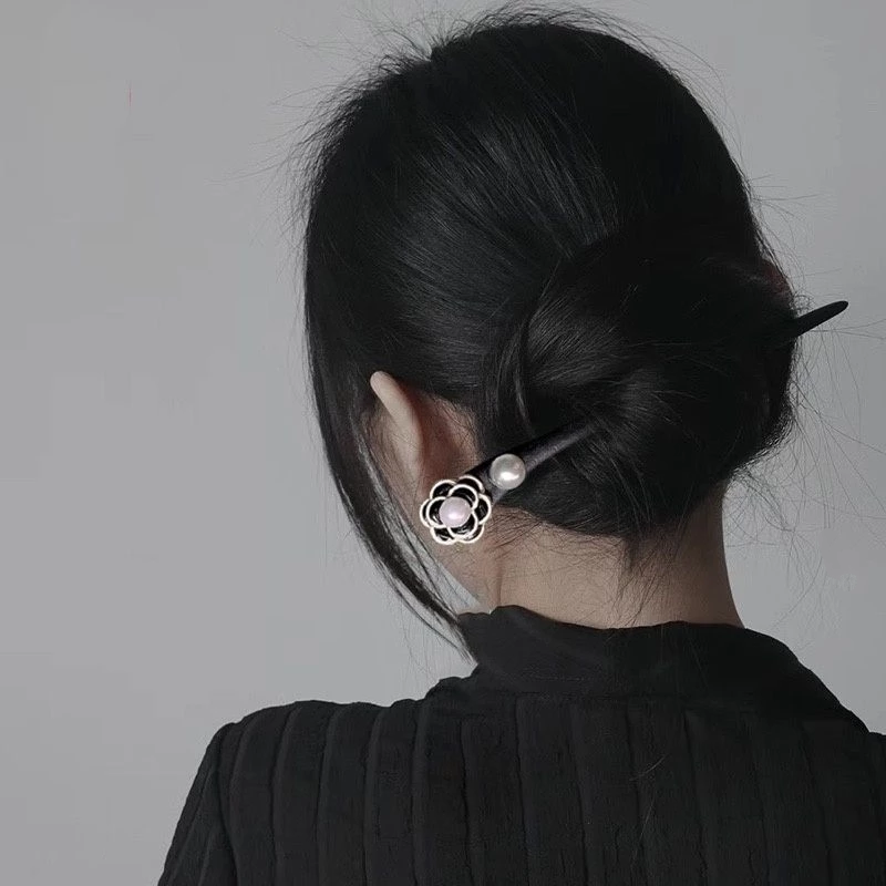 ✨台灣現貨🌿山茶花珍珠髮簪 古風簡日常挽髮簪子 簡約黑檀木花朵簪子 丸子頭盤髮簪子【L26】-細節圖4