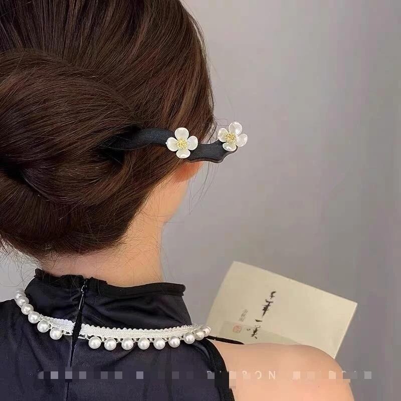 ✨台灣現貨🌿山茶花珍珠髮簪 古風簡日常挽髮簪子 簡約黑檀木花朵簪子 丸子頭盤髮簪子【L26】-細節圖6