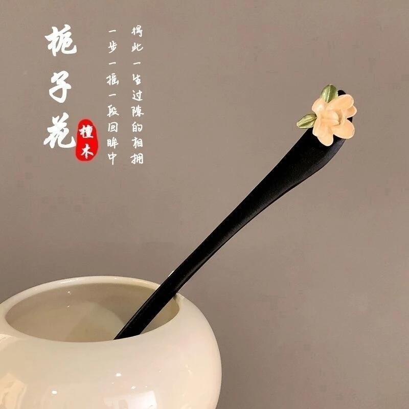 ✨台灣現貨🌿山茶花珍珠髮簪 古風簡日常挽髮簪子 簡約黑檀木花朵簪子 丸子頭盤髮簪子【L26】-細節圖7