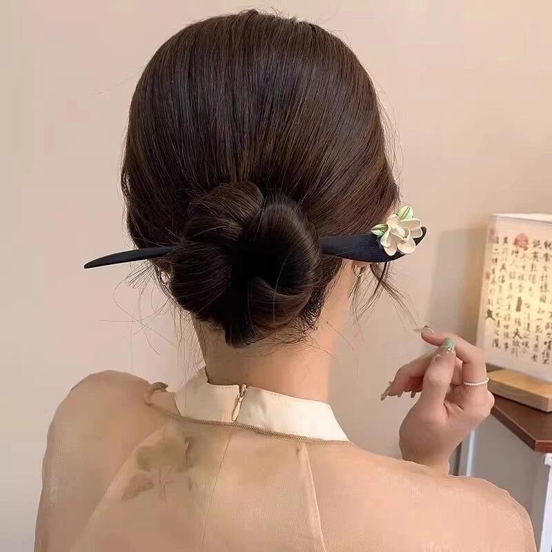 ✨台灣現貨🌿山茶花珍珠髮簪 古風簡日常挽髮簪子 簡約黑檀木花朵簪子 丸子頭盤髮簪子【L26】-細節圖8