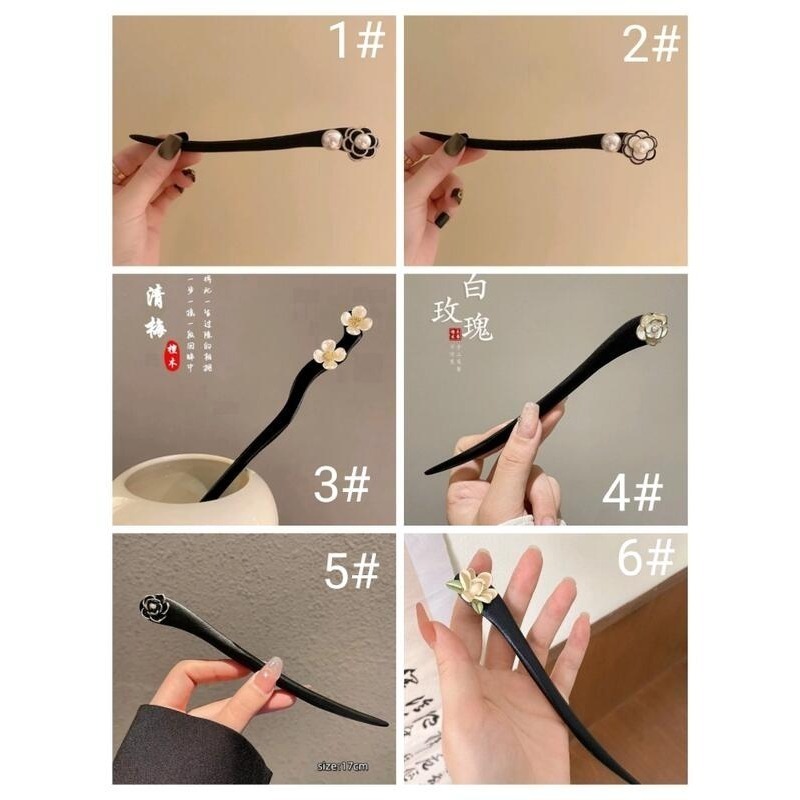 ✨台灣現貨🌿山茶花珍珠髮簪 古風簡日常挽髮簪子 簡約黑檀木花朵簪子 丸子頭盤髮簪子【L26】-細節圖10