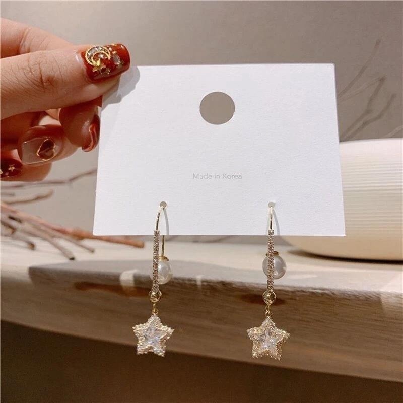 💖台灣現貨🌿韓國東大門新款珍珠五角星水鑽耳環長款氣質個性時尚耳環網紅耳飾【G22】-細節圖2