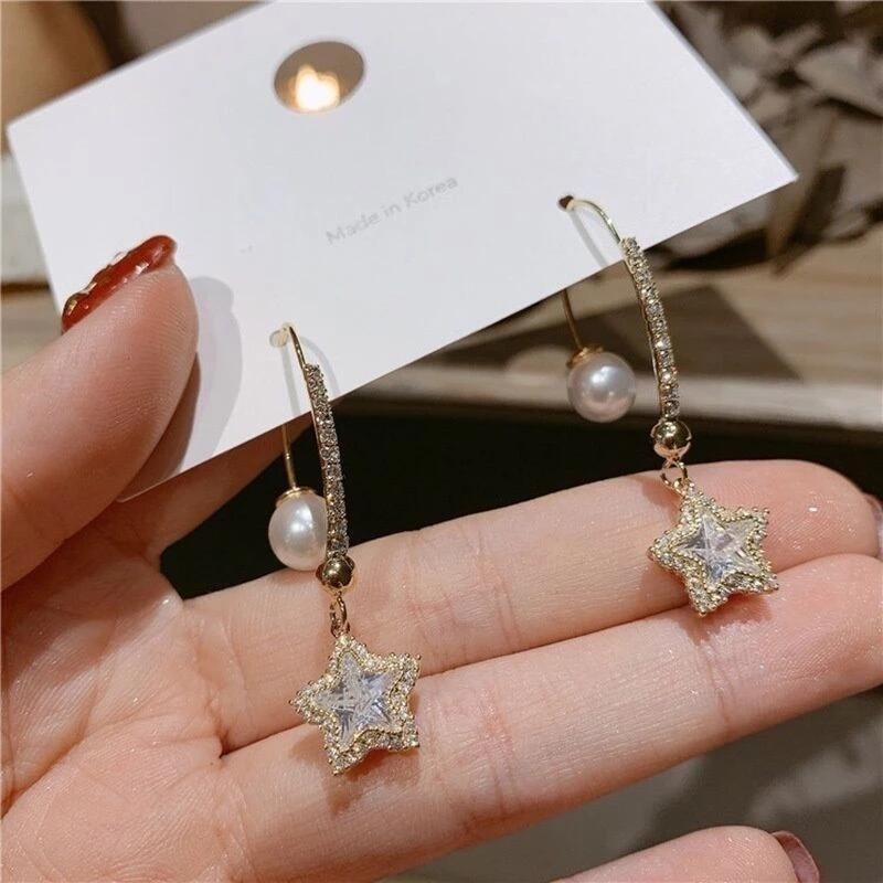 💖台灣現貨🌿韓國東大門新款珍珠五角星水鑽耳環長款氣質個性時尚耳環網紅耳飾【G22】-細節圖4