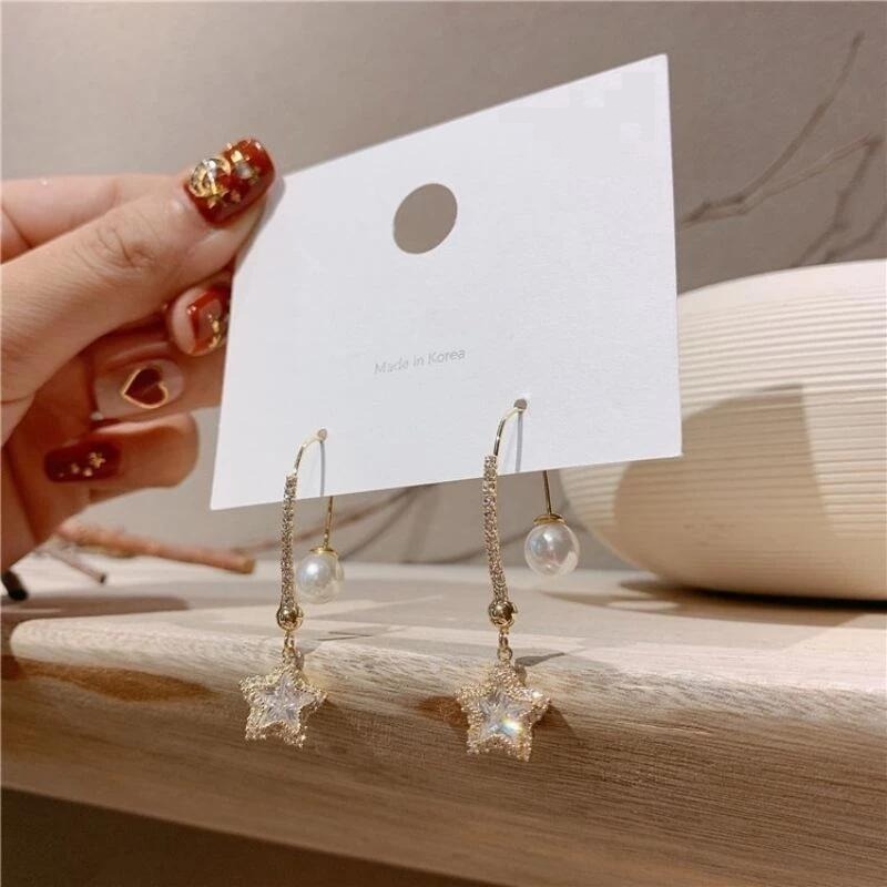 💖台灣現貨🌿韓國東大門新款珍珠五角星水鑽耳環長款氣質個性時尚耳環網紅耳飾【G22】-細節圖5