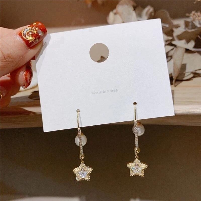 💖台灣現貨🌿韓國東大門新款珍珠五角星水鑽耳環長款氣質個性時尚耳環網紅耳飾【G22】-細節圖6