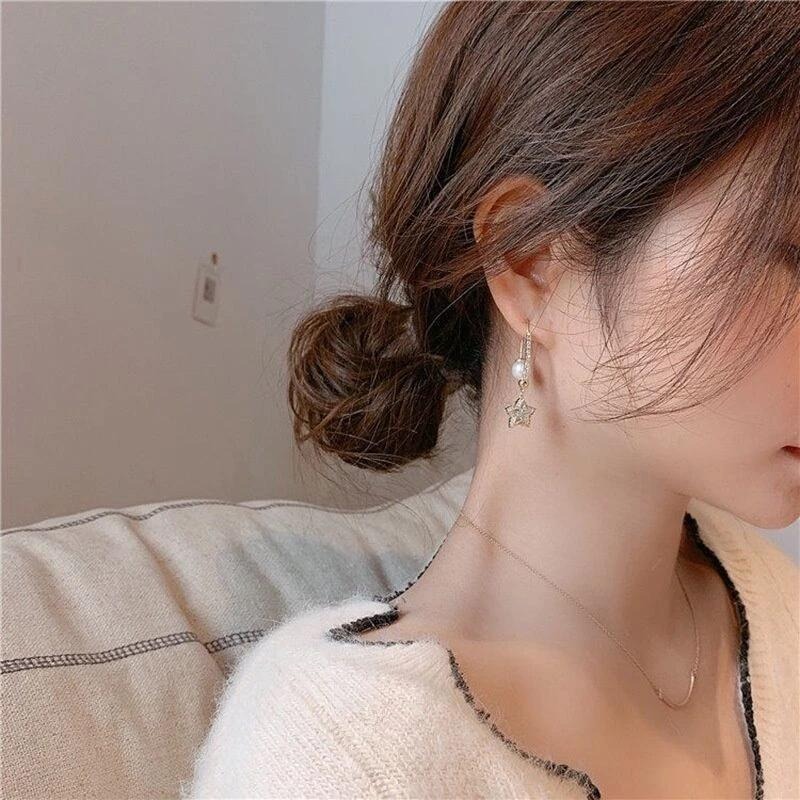 💖台灣現貨🌿韓國東大門新款珍珠五角星水鑽耳環長款氣質個性時尚耳環網紅耳飾【G22】-細節圖7