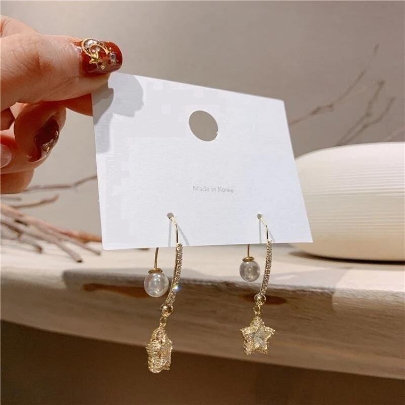 💖台灣現貨🌿韓國東大門新款珍珠五角星水鑽耳環長款氣質個性時尚耳環網紅耳飾【G22】-細節圖8