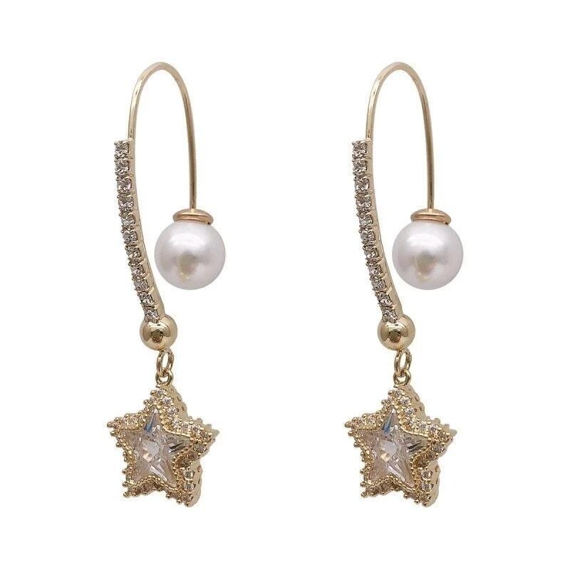 💖台灣現貨🌿韓國東大門新款珍珠五角星水鑽耳環長款氣質個性時尚耳環網紅耳飾【G22】-細節圖9