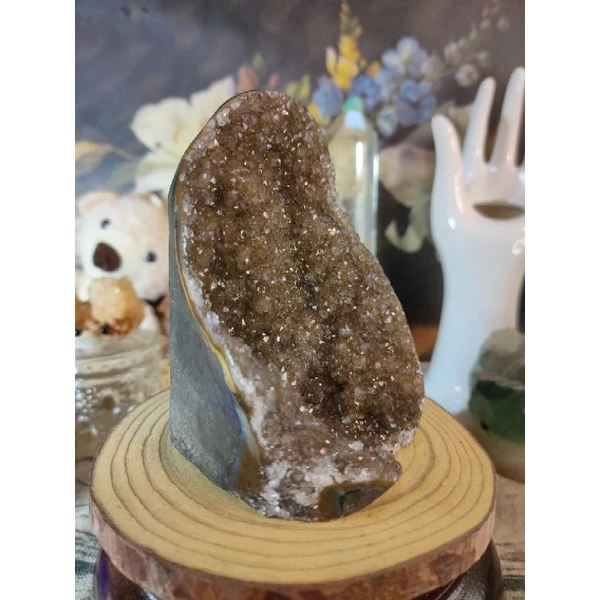 ✡️天然 烏拉圭異象晶鎮 內凹 奶茶黃色帶二次結晶方解石 彩晶鎮 消磁 净化 水晶原石 晶簇擺件 428g#336-細節圖6