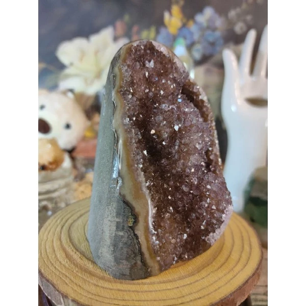 ✡️天然烏拉圭異象紫晶鎮 內凹奶茶色底帶球花、二次結晶  彩晶鎮 消磁 净化 紫水晶原石 晶簇擺件 619g#334-細節圖6