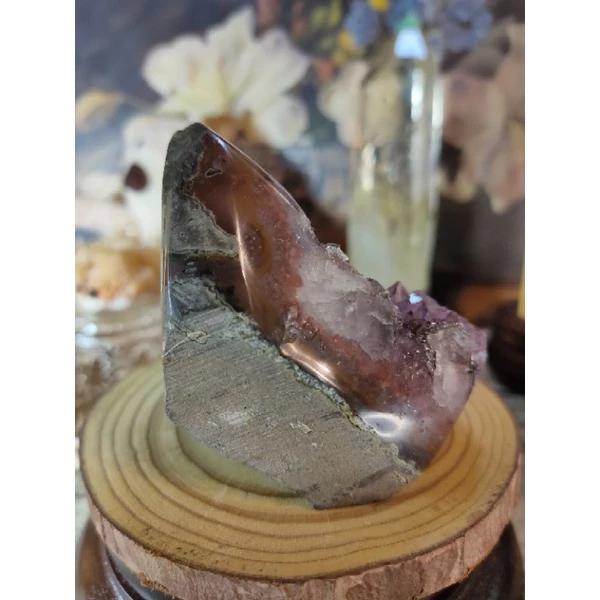 ✡️福利價 烏拉圭水晶原礦 異象晶鎮 內凹帶黑碧共生礦 紅黃瑪瑙線 紫晶 消磁 净化 晶簇擺件 476g#305-細節圖5