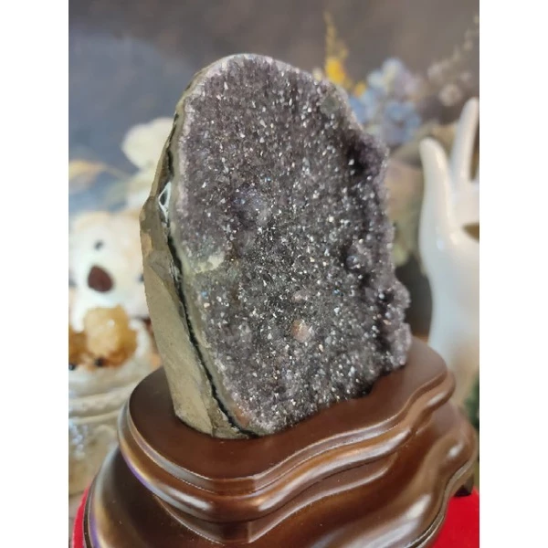 ✡️烏拉圭🇺🇾水晶原礦 異象晶鎮 近黑灰色帶球花 二次結晶、黃晶  財眼 消磁 净化 水晶原石擺件 附訂製底座537-細節圖6